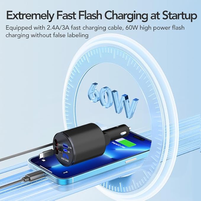 Retractable Car Charger, 4 in 1 Super Fast Car Phone Charger 60W, 2 Retractable Cables and 2 USB Ports Car Charger Adapter,Compatible with iPhone 16/15/14/13/12/11,Air-Pods 4,Galaxy,Pixel