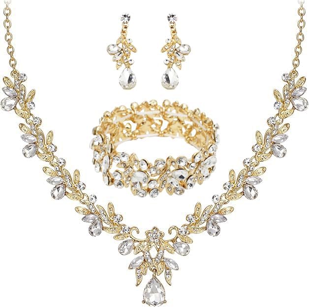 Wedding Leaf Flower Crystal Teardrop Pendant Necklace Dangle Earrings Stretch Bracelet Jewelry Set for Women Bridal Party Prom