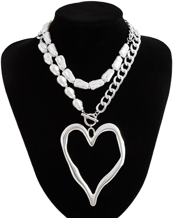 Chunky Gold Necklace Big Heart Necklace for Women Silver Large Statement Necklaces Thick Bold Chain Puffy Love Heart Charm Necklaces for Women with OT Toggle Silver Chunky Gold Jewelry Trendy Valentine's Day Gift