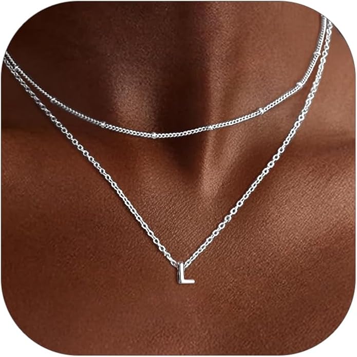 ChicSilver Layered Initial Necklace for Women, 925 Sterling Silver Personalized Letter A-Z Pendant Necklaces, Hypoallergenic Silver Choker with Adjustable 16" Rolo Chain, Dainty Birthday jewelry
