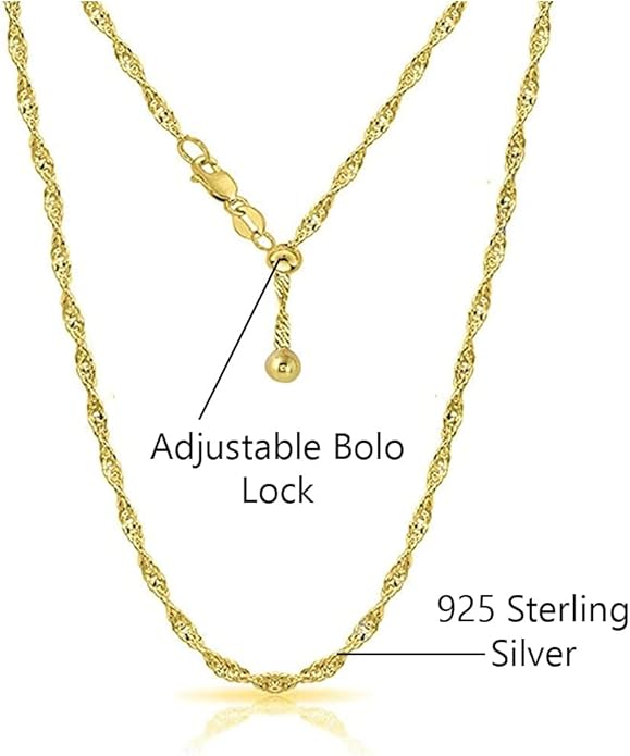 Savlano 925 Sterling Silver Italian Solid 1.5MM Singapore Twist Adjustable Bolo 14-24 Inch Chain Necklace For Women - Made in Italy Comes With a Gift Box