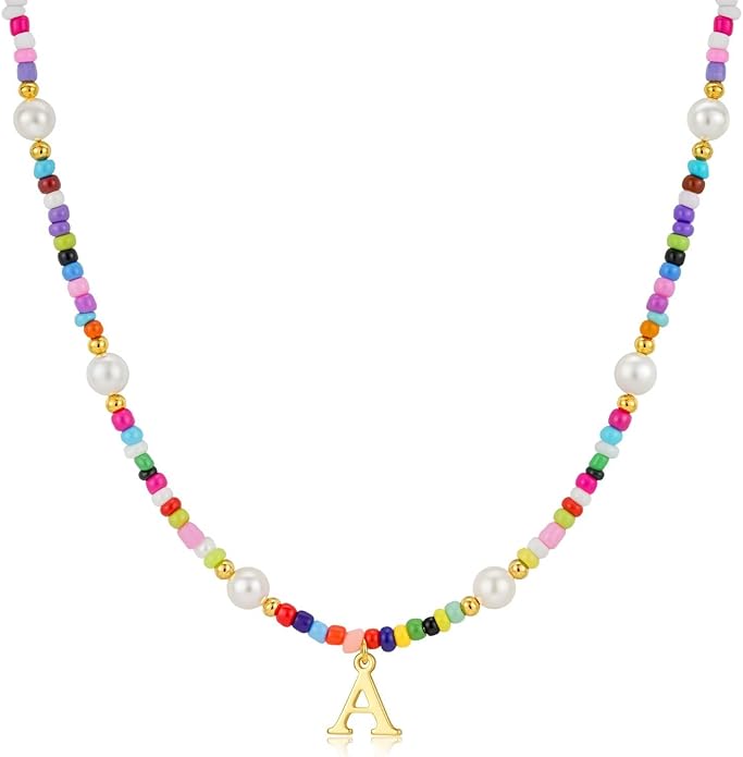 M MOOHAM Valentines Day Gifts for Kids Teen Girls - Colorful Initial Necklaces for Girls Women Kids, Beaded Pearl Choker Necklace for Women Trendy, Birthday Gifts Teenage Girl Teen Kid Jewelry
