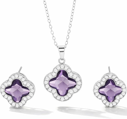 Four Leaf Clover Necklace and Earrings Set for Women, Clover Jewelry Set with Pendant Necklace and Stud Earrings, Brilliant Cubic Zirconia, Polished Metal Setting, Hypoallergenic, & Lightweight