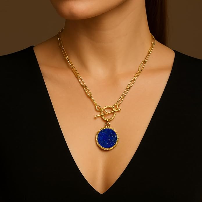 Gempires Gemstone Coin Front Toggle Pendant Necklace for Women with Gold Paperclip Chain, Natural Crystal Pendant with Toggle Clasp, Handcrafted Perfect Jewelry Gift for her
