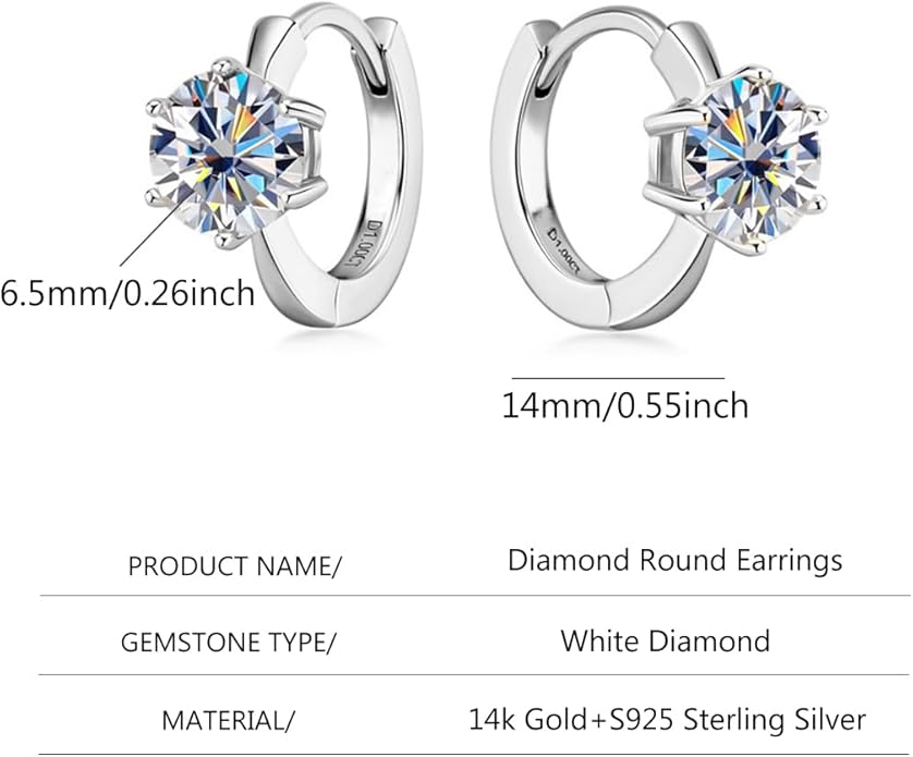 14K Gold Over S925 Sterling Silver 1ct VVS1 D-color Diamond Hoop Earrings for Women, Six-Prong Design, Ideal for Birthday Gifts for Wife