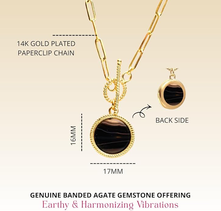 Gempires Gemstone Coin Front Toggle Pendant Necklace for Women with Gold Paperclip Chain, Natural Crystal Pendant with Toggle Clasp, Handcrafted Perfect Jewelry Gift for her
