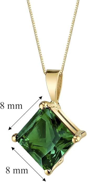 PEORA 14K Yellow Gold Created Emerald Pendant for Women, Classic Solitaire, 2.25 Carats Princess Cut 8mm AAA Grade, Green Emerald Jewelry, May Birthstone, Gifts for Birthday, Anniversary, Wedding