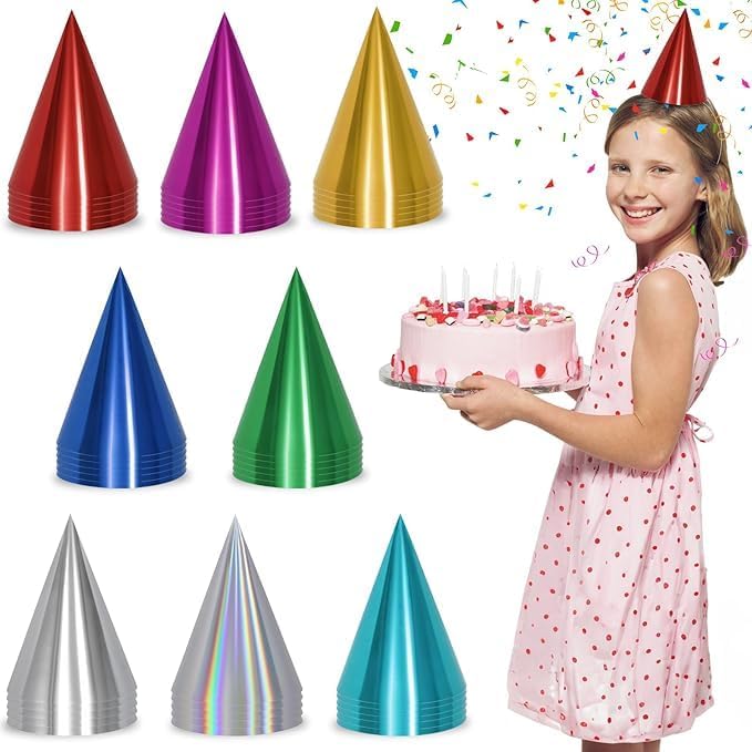 40/80 Pcs Metallic Cone Birthday Party Hats Bulk with Elastic String, 8 Colorful Celebration Headwear for Kids Adults