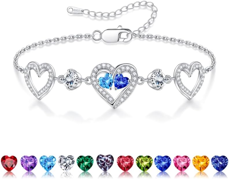 Iefil Valentines Day Gifts for Her - 925 Sterling Silver Heart Birthstone Bracelet Birthday Anniversary Jewelry Gifts for Her Wife