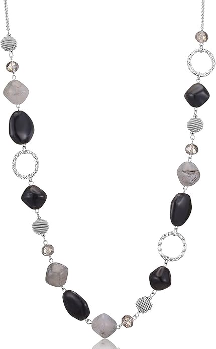 BULINLIN Beaded Long Necklace for Women Silver Sweater Chain Necklace with Crystal Resin Beads, Fashion Jewelry Necklace