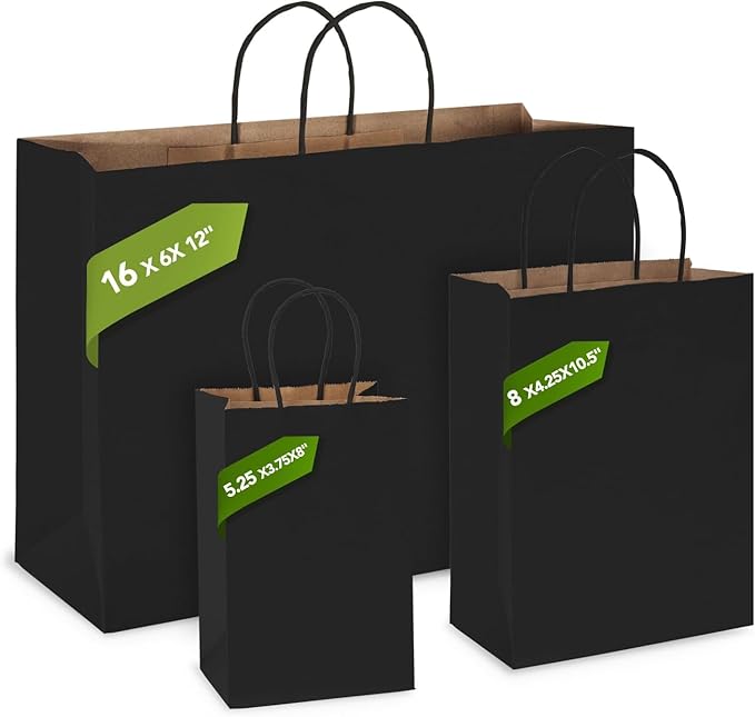 MESHA Gift Paper Bags 400 PACK 16x6x12 Inch Black Large Shopping Kraft Bags Bulk with Handles Reusable for Business,Grocery,Birthday,Wedding,Kids Party,Favors