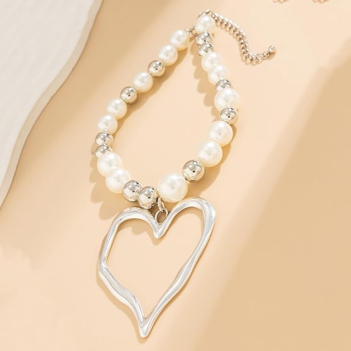 Exaggerated Heart Pendant Pearl Necklace,Charming Plated Gold Chunky Love Ball Statement Choker,Sweet Heart Beaded Collar Necklace for Women