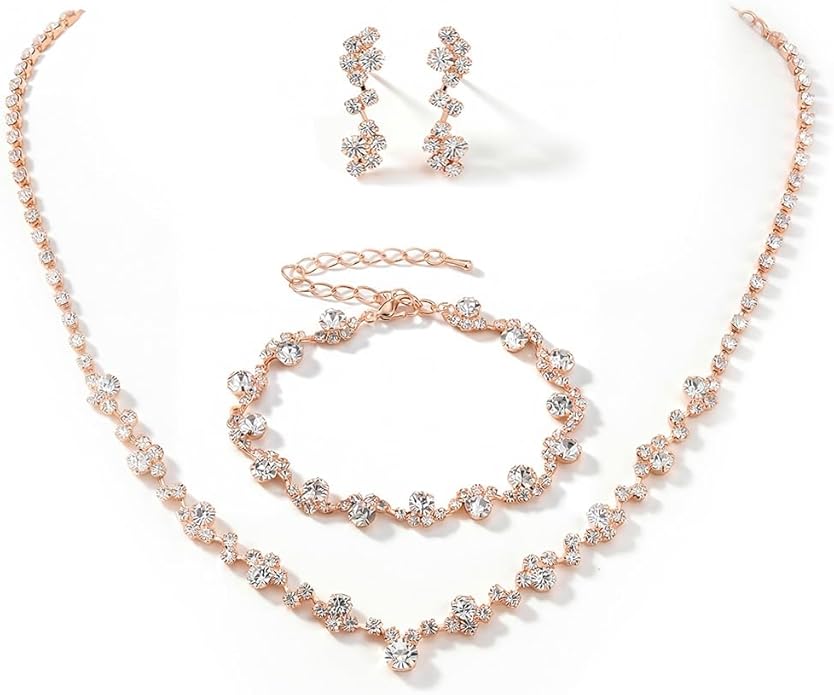 Unicra Bride Crystal Necklace Earrings Set Bridal Wedding Jewelry Sets Rhinestone Choker Necklace Costume Jewelry Set for Women and Brides (3 piece set - 2 earrings and 1 necklace)