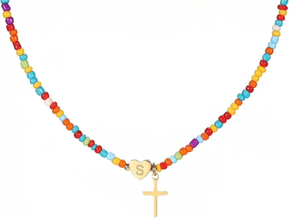 Colorful Initial Cross Necklace for Girls Women Kids - Teen Girls Gifts Trendy Stuff Beaded Letter Cross Choker Necklace for Girls Gifts Jewelry