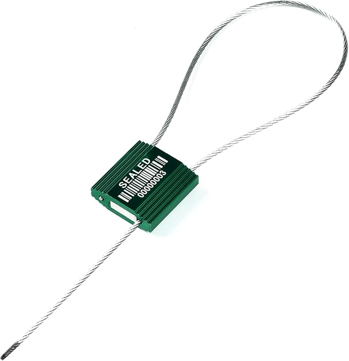 100 Green Steel Cable Seals With Barcode - High Security Numbered Truck Anti-Tamper Pull Tite Tags - Metal Container Shipping Self-Locking Safety Ties ISO 17712