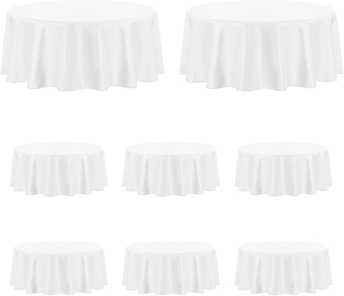 PureFit 8 Pack Round White Table Cloths 120 Inch for Round Tables, Stain and Wrinkle Resistant Table Linens for Home Use, Wedding, Party, Banquet and Camping