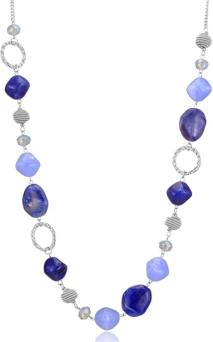 BULINLIN Beaded Long Necklace for Women Silver Sweater Chain Necklace with Crystal Resin Beads, Fashion Jewelry Necklace