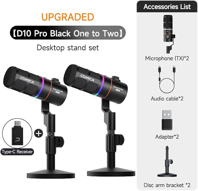 EJoy D10 PRO(D) Combo Dual-Channel Wireless USB Gaming Microphone – RGB Dynamic Mic with Wired/Wireless Modes, XLR/USB-C, Real-Time Monitoring, Studio Mic for Gaming, Streaming, Podcast, Recording