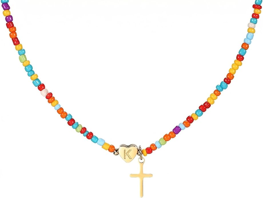 Colorful Initial Cross Necklace for Girls Women Kids - Teen Girls Gifts Trendy Stuff Beaded Letter Cross Choker Necklace for Girls Gifts Jewelry