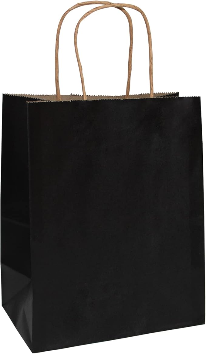 FACEBAG 50 PCS Black Paper Bags with Handles Bulk, 8x4.25x10.5 Inches,Medium-sized Gift Bags for Party Favors，Take-Out，Grocery Shopping & Retail,Christmas,weddings,Reusable & Durable