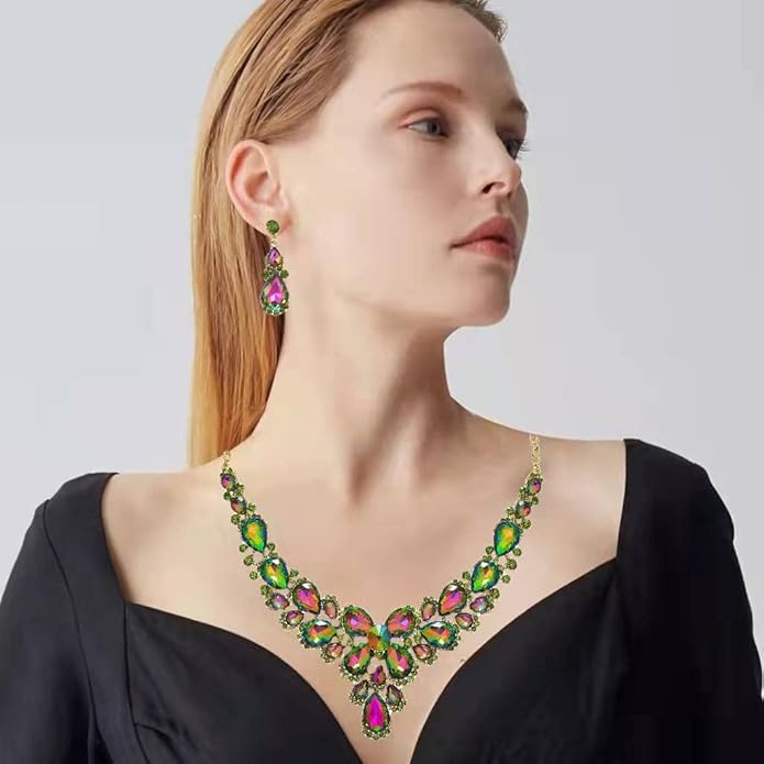Women's Wedding Bridal Austrian Crystal Glass Teardrop Statement Necklace Dangle Earrings Bracelet Ring Wedding Party Jewelry Set for Bridal Bridesmaid