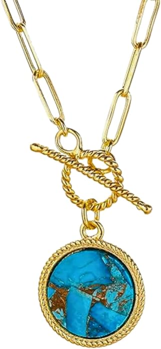 Gempires Gemstone Coin Front Toggle Pendant Necklace for Women with Gold Paperclip Chain, Natural Crystal Pendant with Toggle Clasp, Handcrafted Perfect Jewelry Gift for her