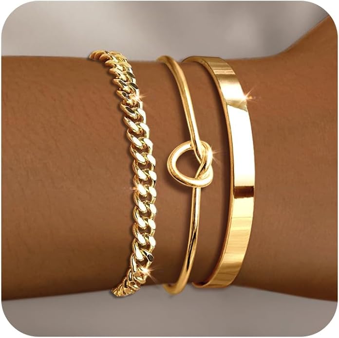 Gold Bracelets for Women 18k Gold Plated Bracelet Stack Bangle Cuff Bracelet Set for Women Non Tarnish Beaded/Paperclip/Cuban Link Chain Bracelets Jewelry for Women Trendy