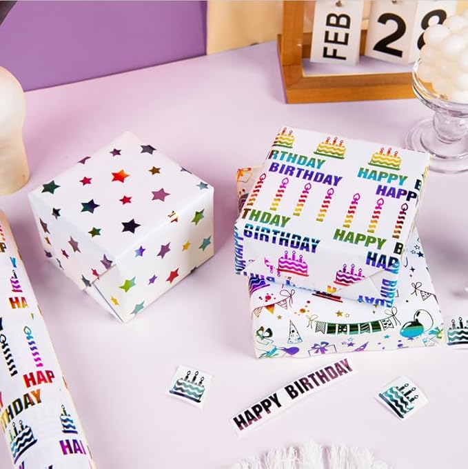 Linnoptimix Birthday Wrapping Paper Roll -3 LARGE ROLL-27inch*78 inch per roll Colorful Foil wrapping paper (Birthday 3 White/Colorful Foil（009）)