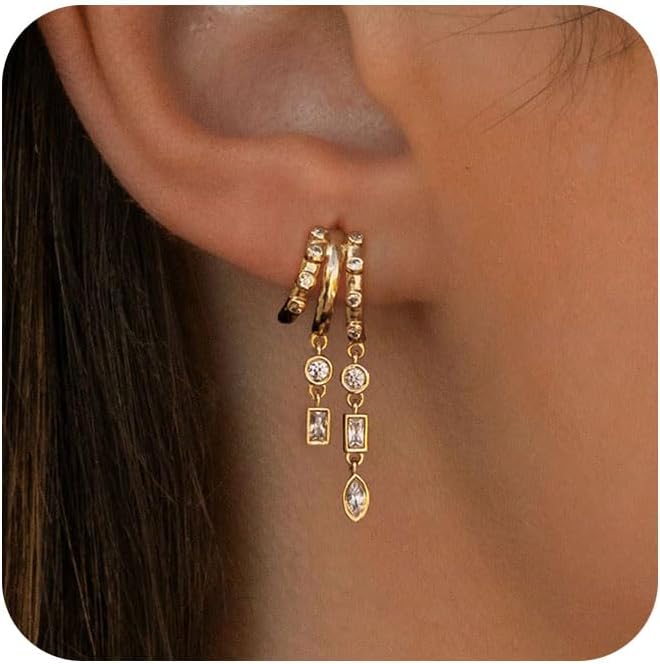 Dangle Earrings For Women,Dainty 14K Gold Plated Hypoallergenic Small Triple Huggie Hoop Earring Gothic Cute Cross Moon Star Drop Earrings For Women Trendy Gold Statement Stud Earring Jewelry