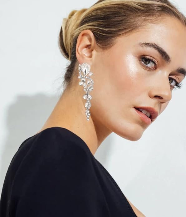 Rhinestone Statement Dangle Earrings Sparkly Crystal Bridal Wedding Earrings for Brides Bridesmaides Chandelier Teardrop Earrings for Women Prom Party