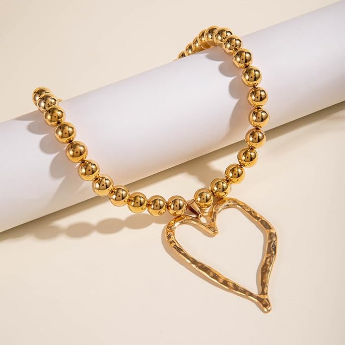 Unique Big Chunky Gold Heart Beads Necklace for Women, Charm Large Thick Hollow Love Heart Pendant Beaded Chain Choker Necklaces Party Y2K Jewelry Gift