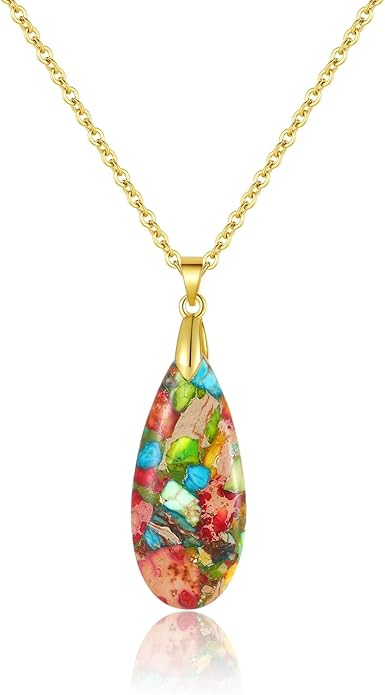 Natural Healing Stone Chain Necklaces for Women Teardrop Gemstone Pendant Statement Gold Necklace