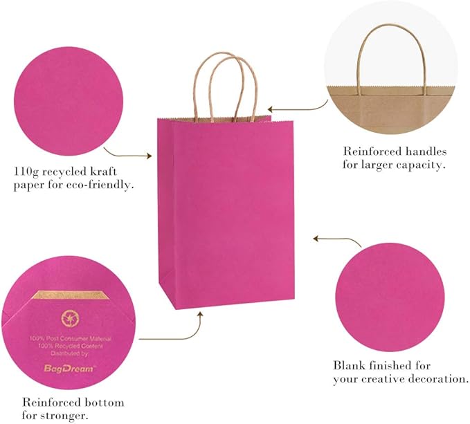 BagDream Kraft Paper Bags 100Pcs 5.25x3x8 Inches Small Paper Gift Bags with Handles Bulk, for Shopping, Retail, Business, Party Favor, Pink Gift Sacks