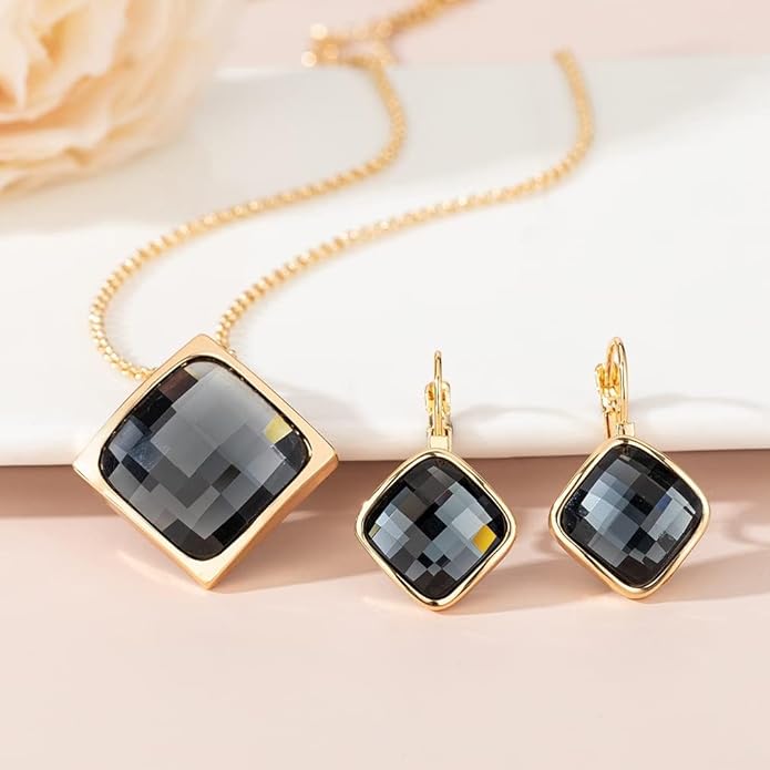 EVEVIC Square Austrian Crystal Necklace Earrings for Women Fashion 18K Gold Plated Hypoallergenic Jewelry Set