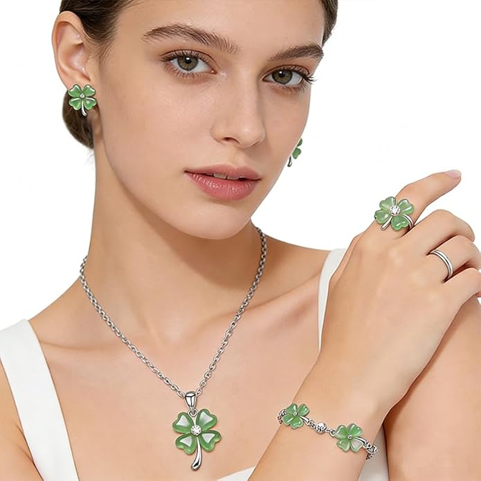 ONLYJUMP Four Leaf Clover Jewelry Set for Women Necklace Bracelet Earrings Ring Set Elegant Lucky Clover Design Cat Eye Stone Perfect Holiday Gift for St. Patrick's Day Valentine's Day Birthdays Daily Wear