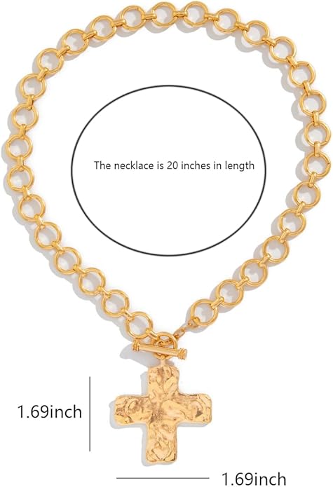 Gold Chunky Cross Pendant Necklace for Women Silver Layered Statement Wide Cross Necklace Golden Vintage Bold Hammered Crosses Charm Necklace Jewelry