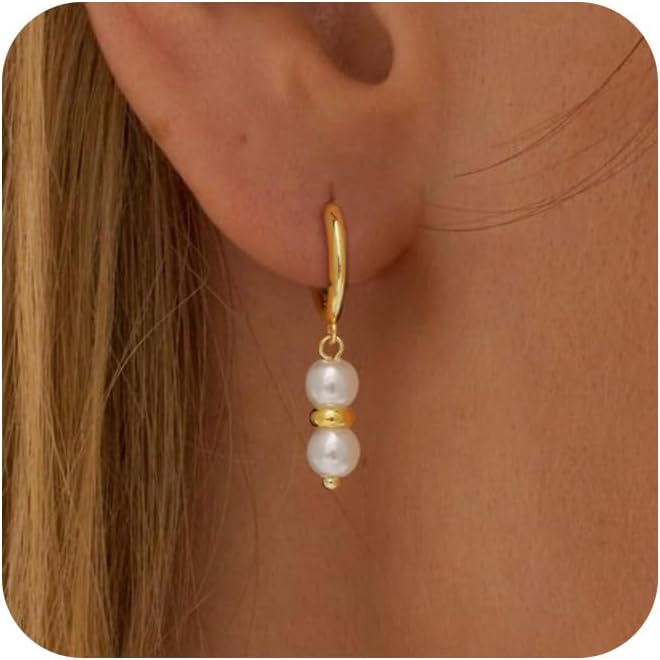 Gold Pearl Dangle Earrings for Women, 14K Gold Plated Small Pearl Drop Huggie Hoop Earrings, Hypoallergenic Dainty Gold Earrings Wedding Jewelry Gifts for Women Trendy