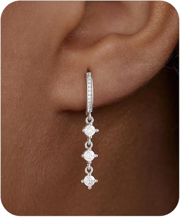 Dangle Earrings For Women Trendy 14K Gold Plated Drop Silver Long Dangling Dainty CZ Simple Hanging Jewelry