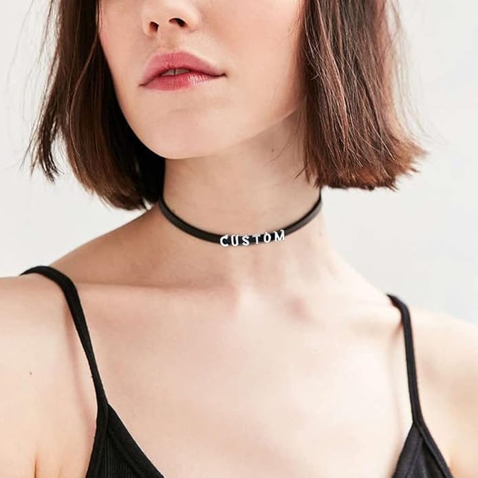 Custom4U Personalized Black Leather Choker Necklace with Picture/Name/Initials/Letters Charm,Custom Made Adjustable Choker Collar Gothic Punk Necklaces Jewelry Gifts for Women