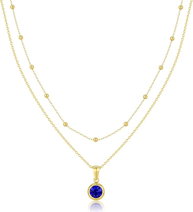14K Gold-Plated Women's Double-Layer Birthstone Necklace Delicate Round Birthstone Pendant with a Simple Necklace, a Birthday Gift for Women Teenage Girls