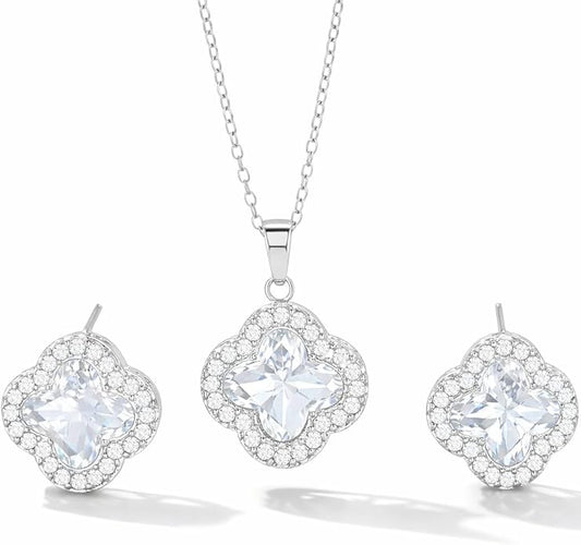 Four Leaf Clover Necklace and Earrings Set for Women, Clover Jewelry Set with Pendant Necklace and Stud Earrings, Brilliant Cubic Zirconia, Polished Metal Setting, Hypoallergenic, & Lightweight