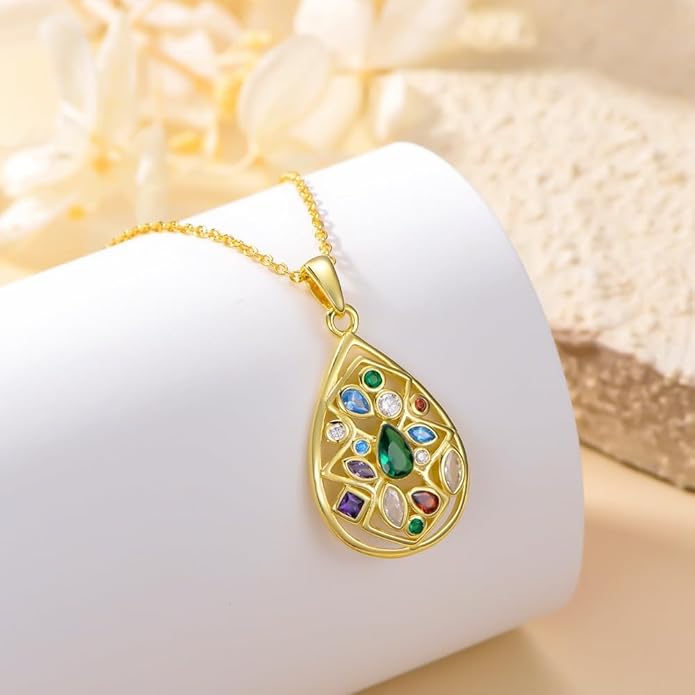 Gemstone Necklaces for Women 14K Yellow Gold Plated Silver Colorful Pendant Necklace Multicolor Cubic Zirconia Heart Pearshaped Jewelry for Mother Wife Daughter