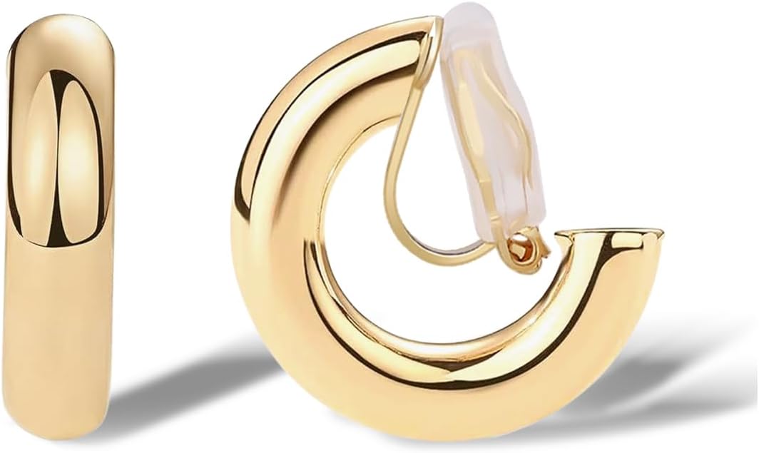 FAN&LOUIS Gold Clip On Hoop Earrings,Gold Silver Chunky Small Open Hoops Clip-On Earrings for Women Trendy Non-Pierced Ears Lightweight Teen