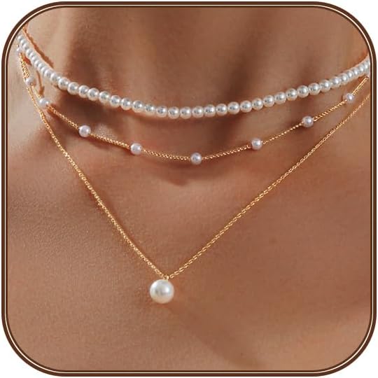 OGD Gold Pearl Necklaces Set for Women 14K Gold Plated Dainty Layered Pearl Cute Daisy Pearl Choker Gold Necklace Gifts for Women Gold Trendy Jewelry Gifts