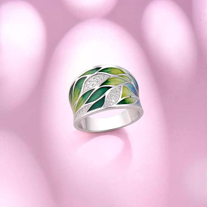 Santuzza 925 Sterling Silver Bamboo Leaves Ring Handmade Enamel Leaf Pattern Ring for Women