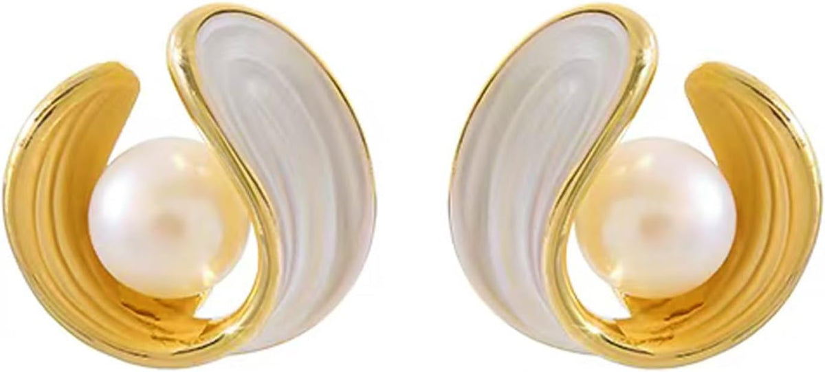 Pearl Stud Earrings for Women Stainless Steel Unique Statement Small Pearl Enamel Button Statement Vintage Earring Jewelry