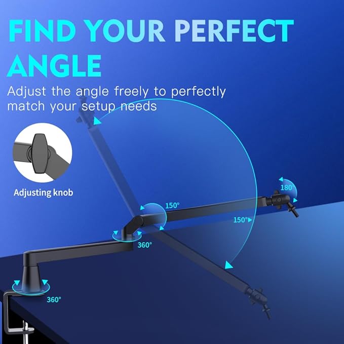 Low Profile Mic Arm 15cm Extra Riser Adjustable Mic Boom Arm Metal Desk Mounted Microphone Stand Cable Management Flexible Microphone Holder for Podcast Streaming Gaming Desktop
