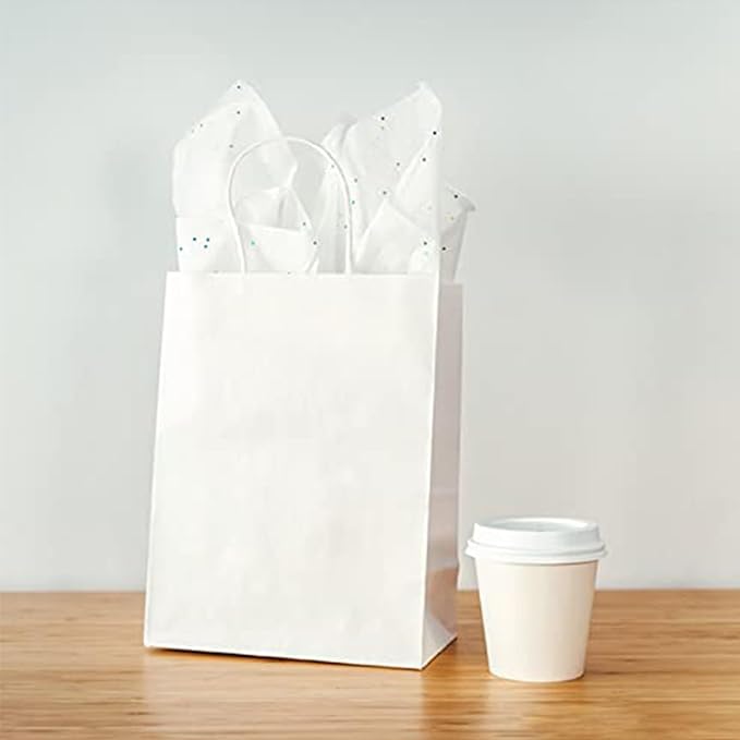 FACEBAG 100 Pcs White Gift Bags 8x4.25x10.5 With Handles - Shopping, Wedding, Party Favors, Grocery - Reusable & Durable Paper