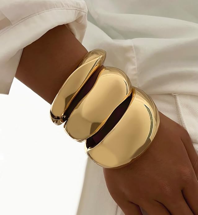 Chunky Gold Bangle Bracelets for Women, Dainty 14k Gold Plated Big Stackable Bangles Set, Trendy Statement Cuff Bracelet Stack Fashion Jewelry Christmas Gifts