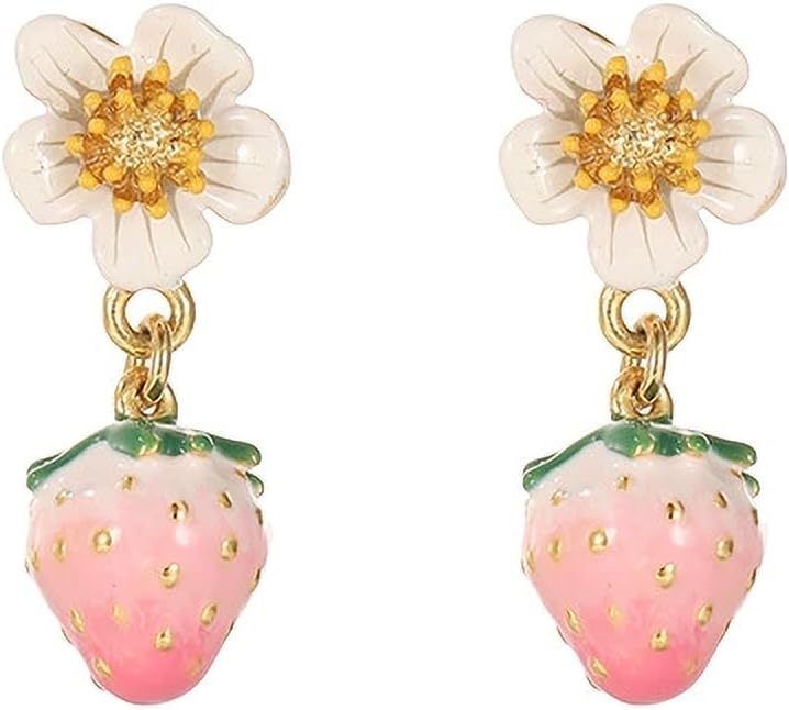 Pink Strawberry Flower Drop Earrings - Cute Enamel Fruit & Floral Stud Drop Earrings for Women, 18K Gold Plated Dainty Aesthetic Jewelry